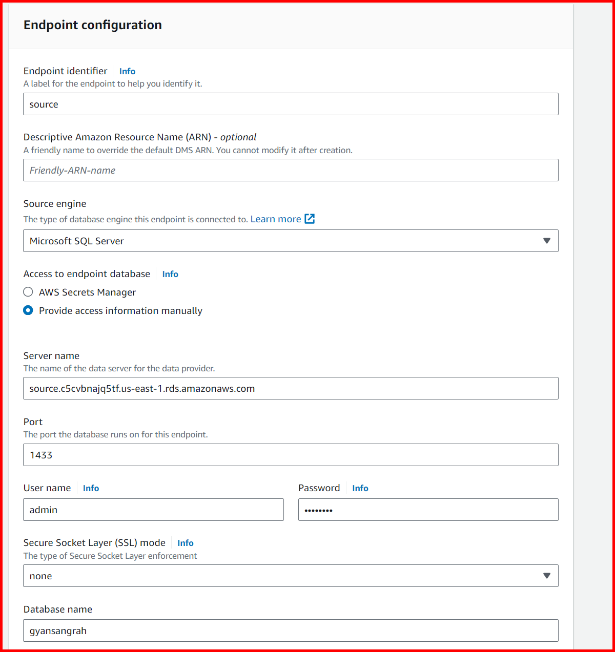 Picture showing setting the endpoint configuration of source database